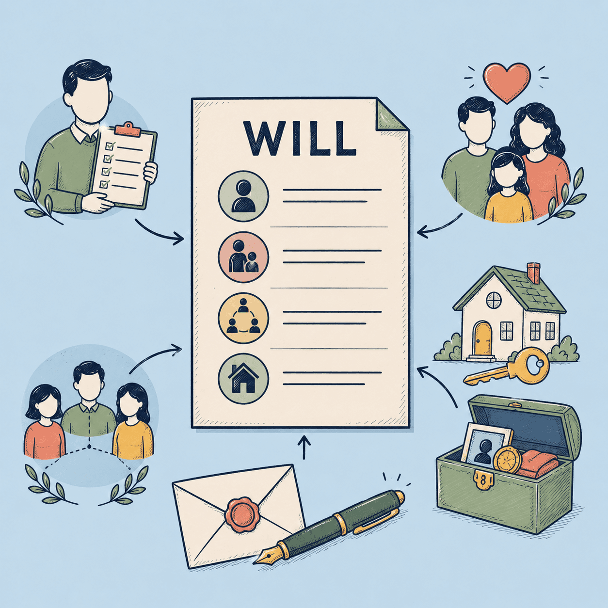Illustrated will surrounded by family, property, executor, and signing symbols