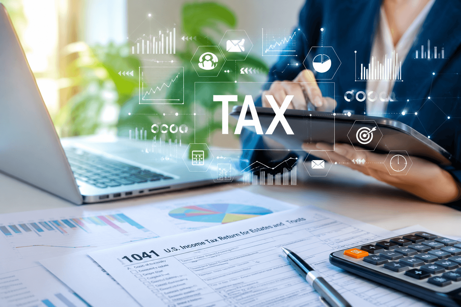 Tax and estate-planning paperwork with a calculator