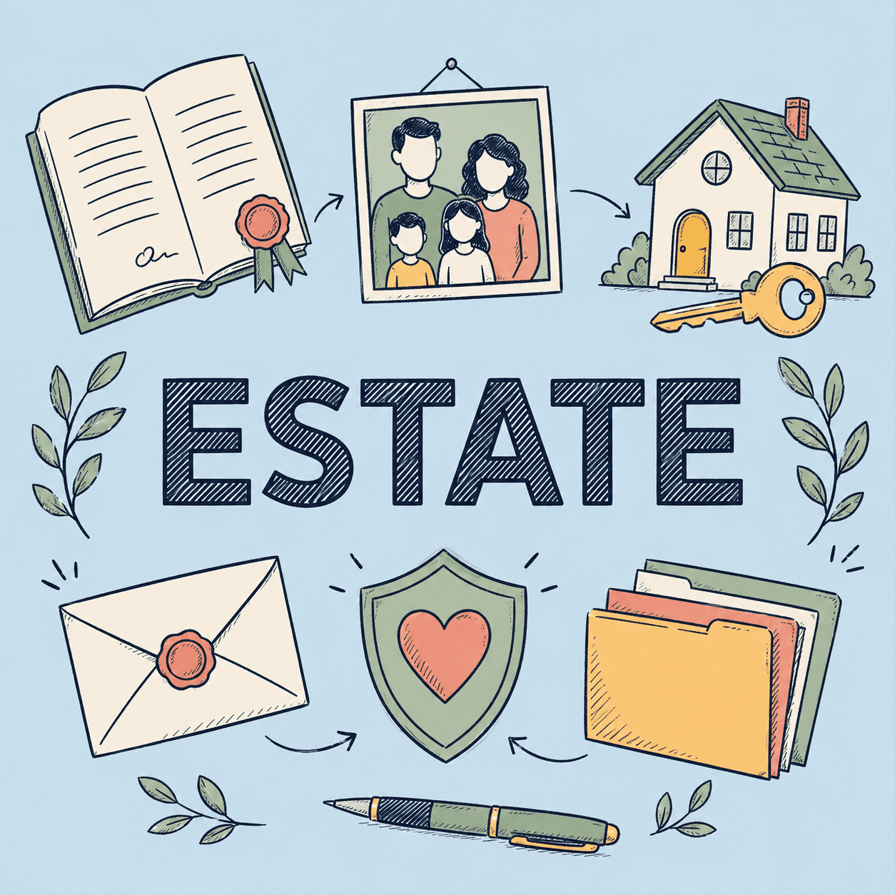 Illustrated estate-planning documents, a family, a home, and protective symbols